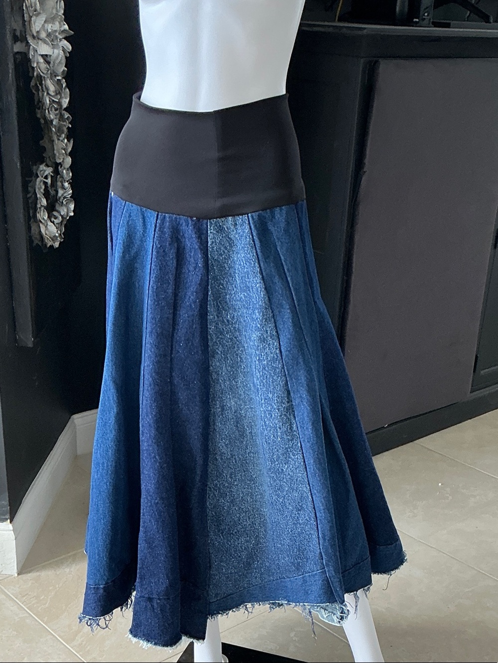 Denim Panel Midi Skirt with Black Waistband